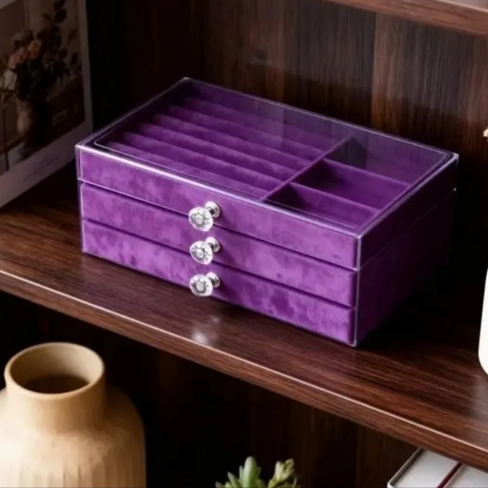 🆕️ ROYAL PURPLE VELVET JEWELRY ORGANIZER BOX - 3 DRAWER - Picture 4 of 6